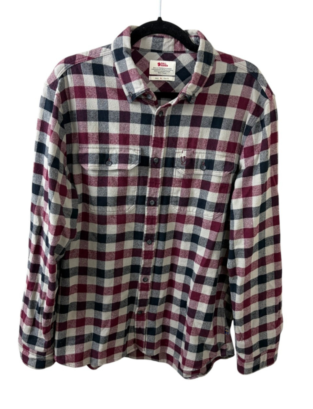 Fjallraven Skog Flannel Shirt XL Black Burgundy Gray Plaid Slim Fit Outdoors